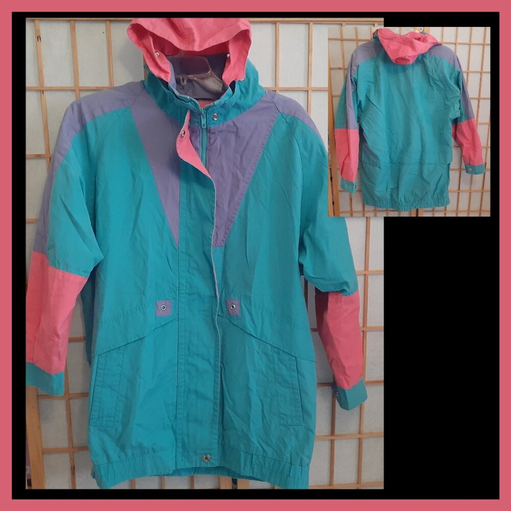 BE IN THE CURRENT SEEN JACKET VINTAGE 80'S COLOR BLOCK LONG HOODED-WOMENS SIZE S